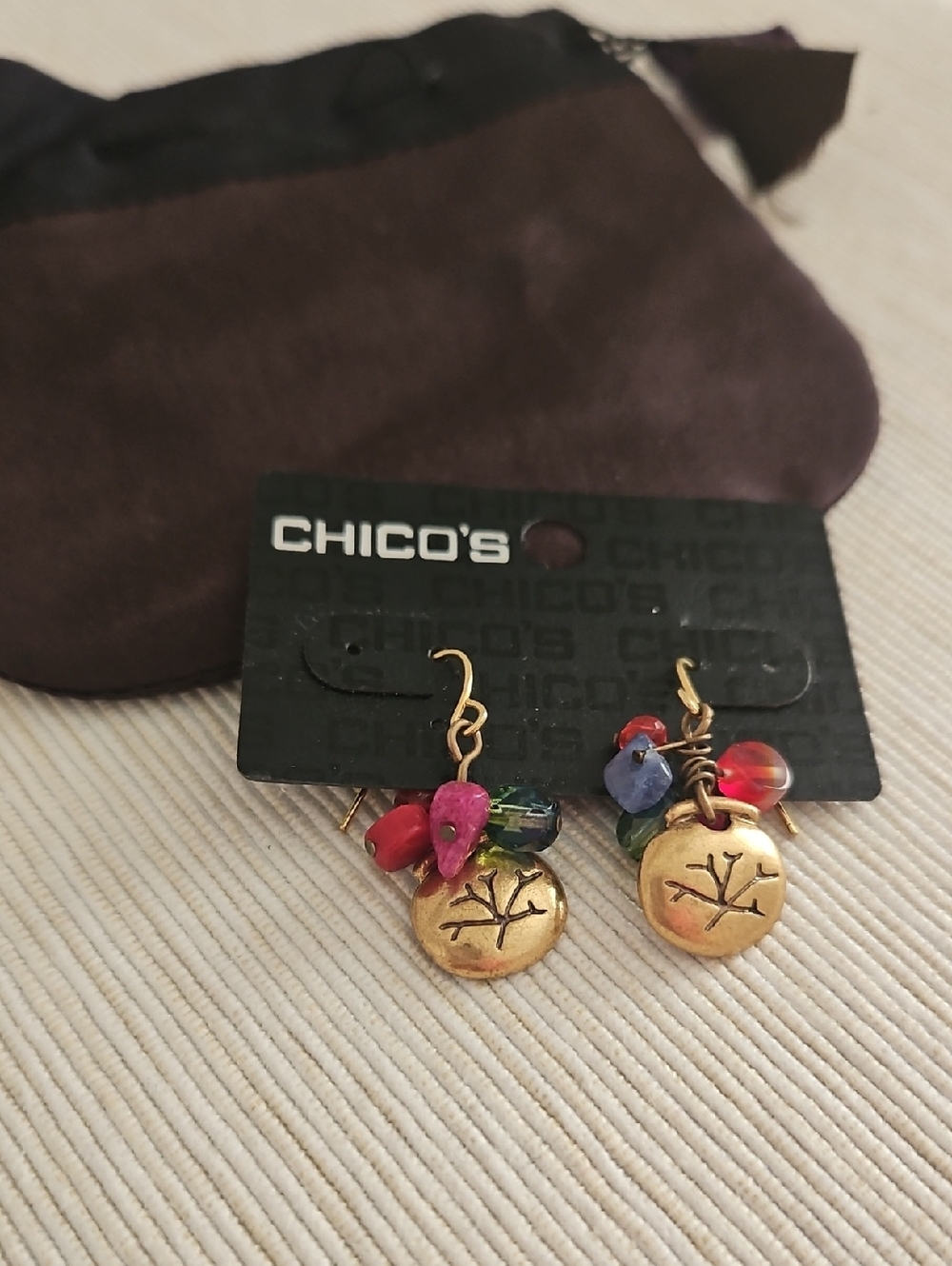 Chico's Gold-Tone Leaf Disc Drop Earrings with Red, Pink, Blue & Green Beads